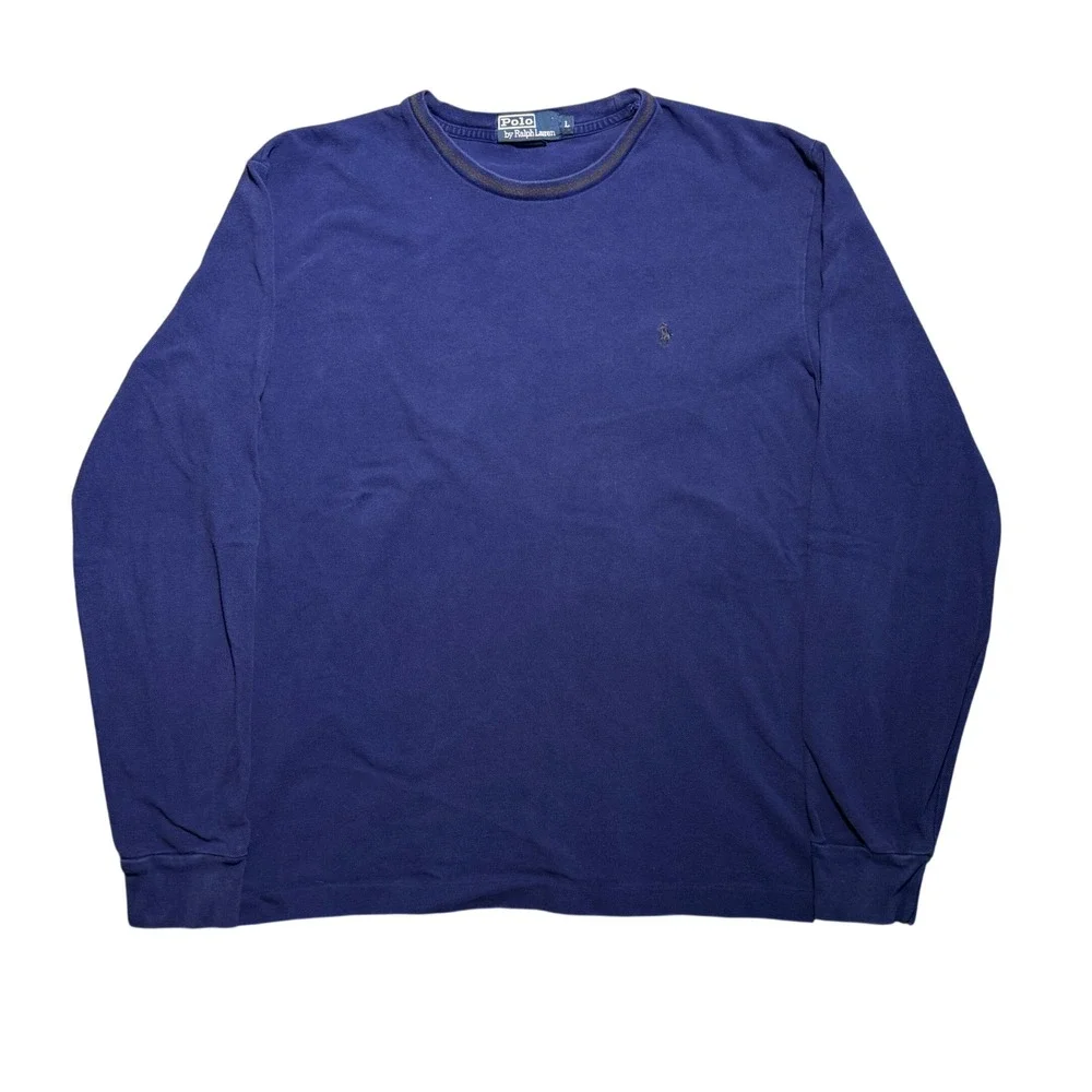 Polo Ralph Lauren Knit Long Sleeve T-Shirt Blue Pique Cotton Pony Logo Large